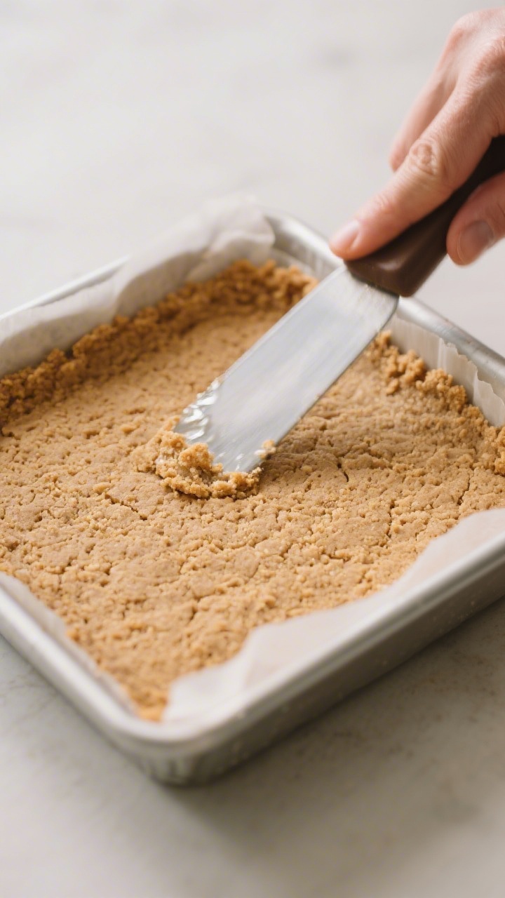 Cooking process: Overhead shot of the pre-baked graham cracker crust being compacted evenly in a lin