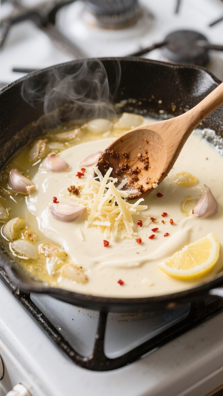 Cooking process: Overhead shot of the sauce coming together in the skillet—garlic sautéed in butt