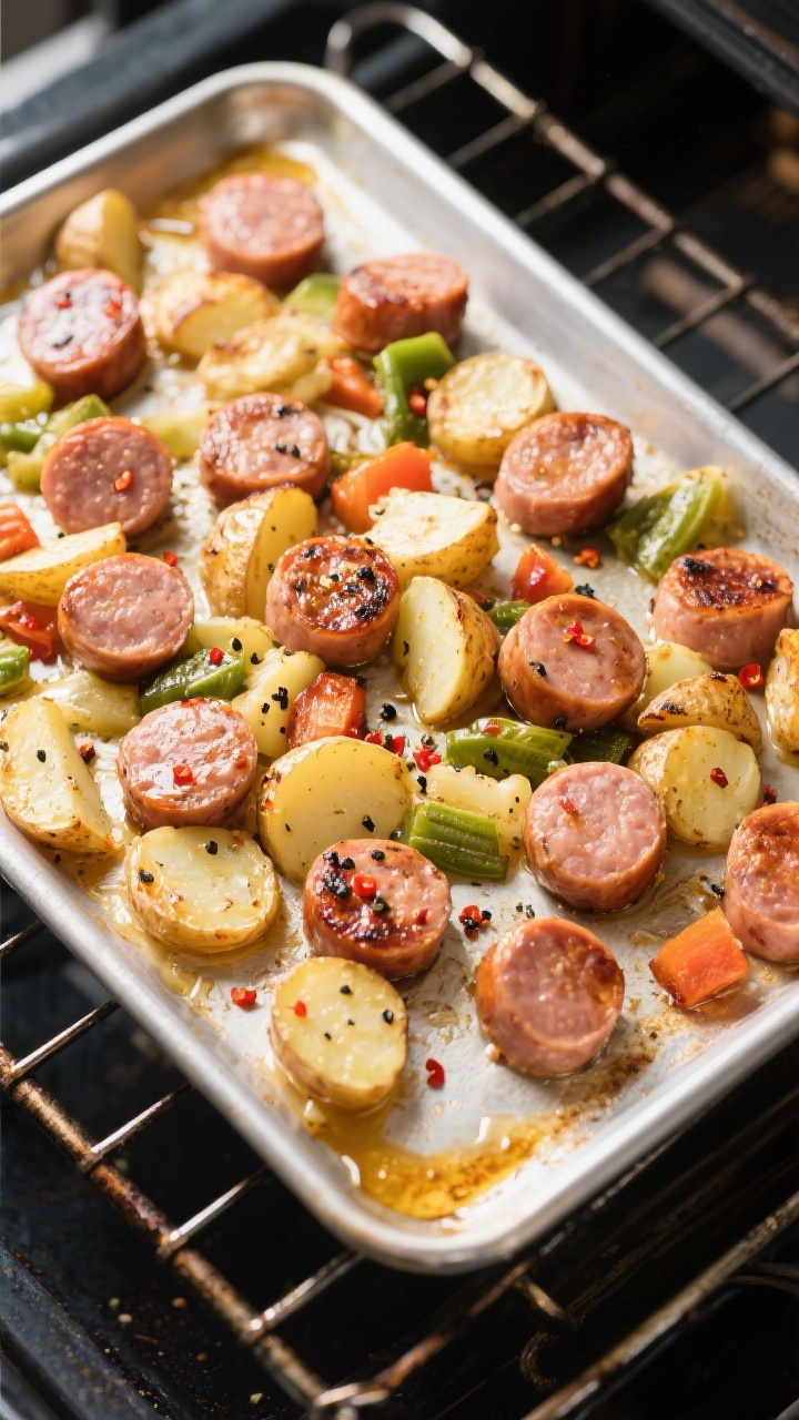 Cooking process: Overhead shot of the sheet pan mid-cook after adding sausage—potatoes and veggies