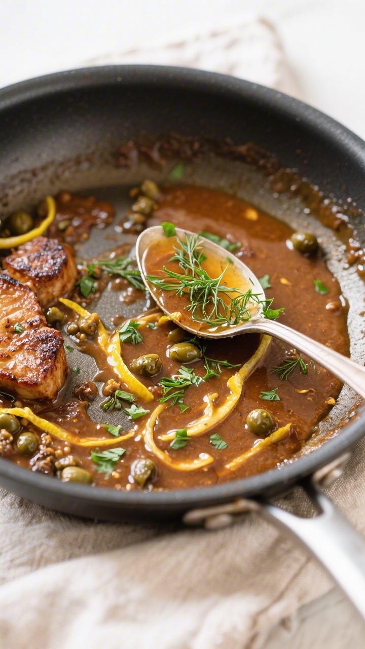 Cooking process: Overhead shot of the skillet during deglazing, sauce simmering with visible lemon z