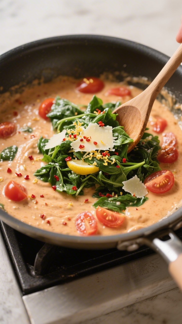 Cooking process: Overhead shot of the skillet right after “Make it creamy” and “Melt and seaso