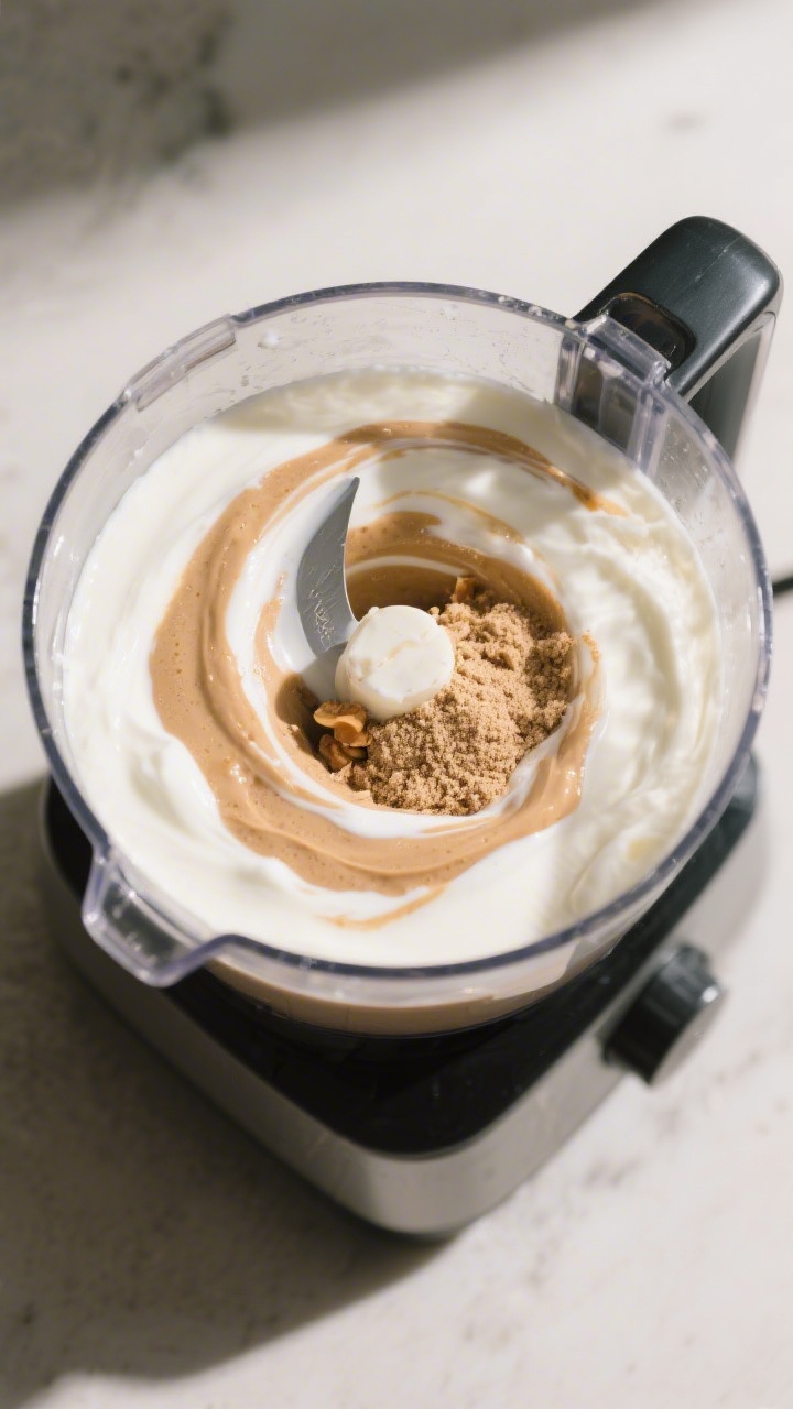 Cooking process: Overhead shot of the smoothie mid-blend in a high-speed blender, showing perfect vo