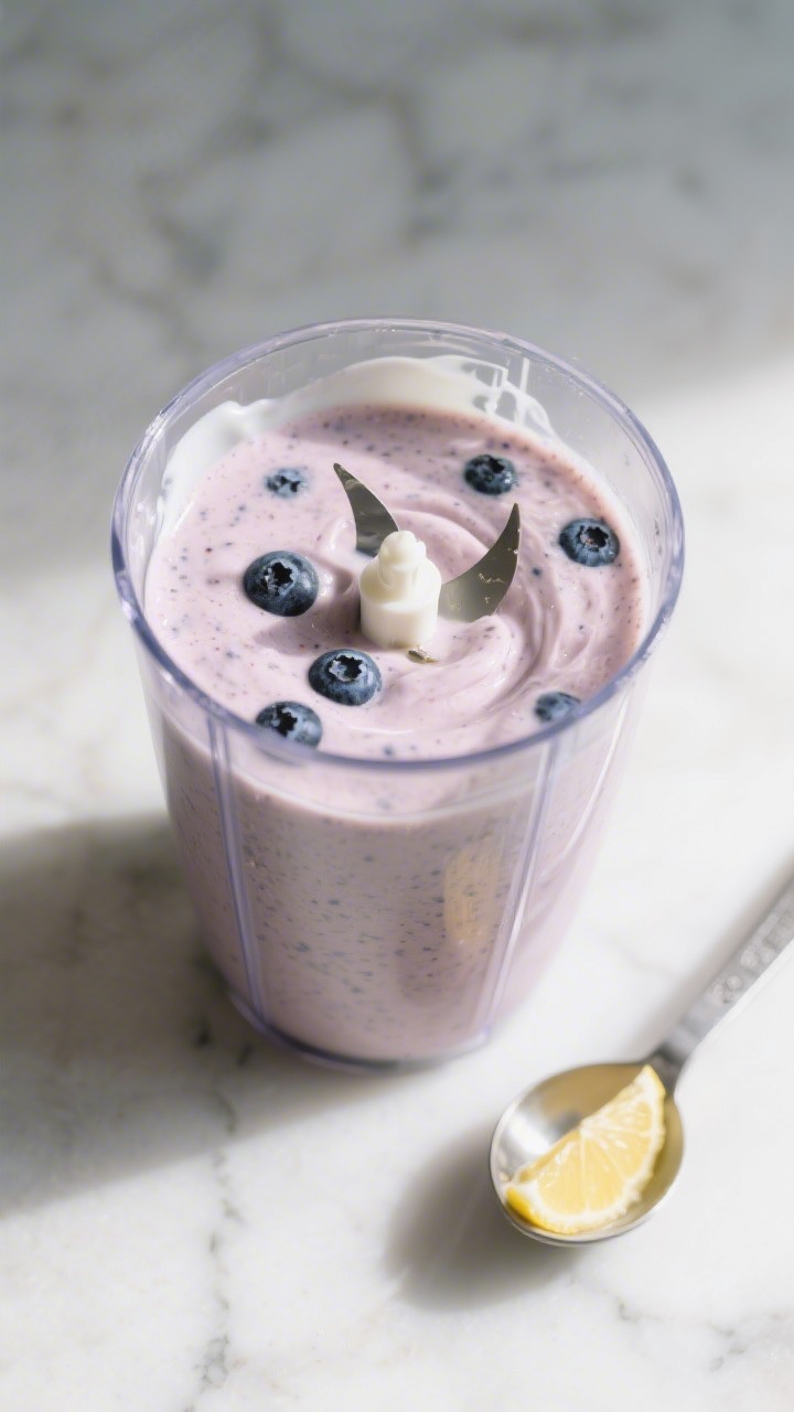 Cooking process: Overhead shot of the smoothie mid-blend in a high-sided blender jar, blades stopped