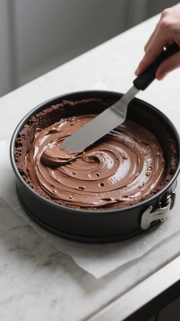Cooking process: Overhead shot of the springform pan being filled—chilled, compacted chocolate coo