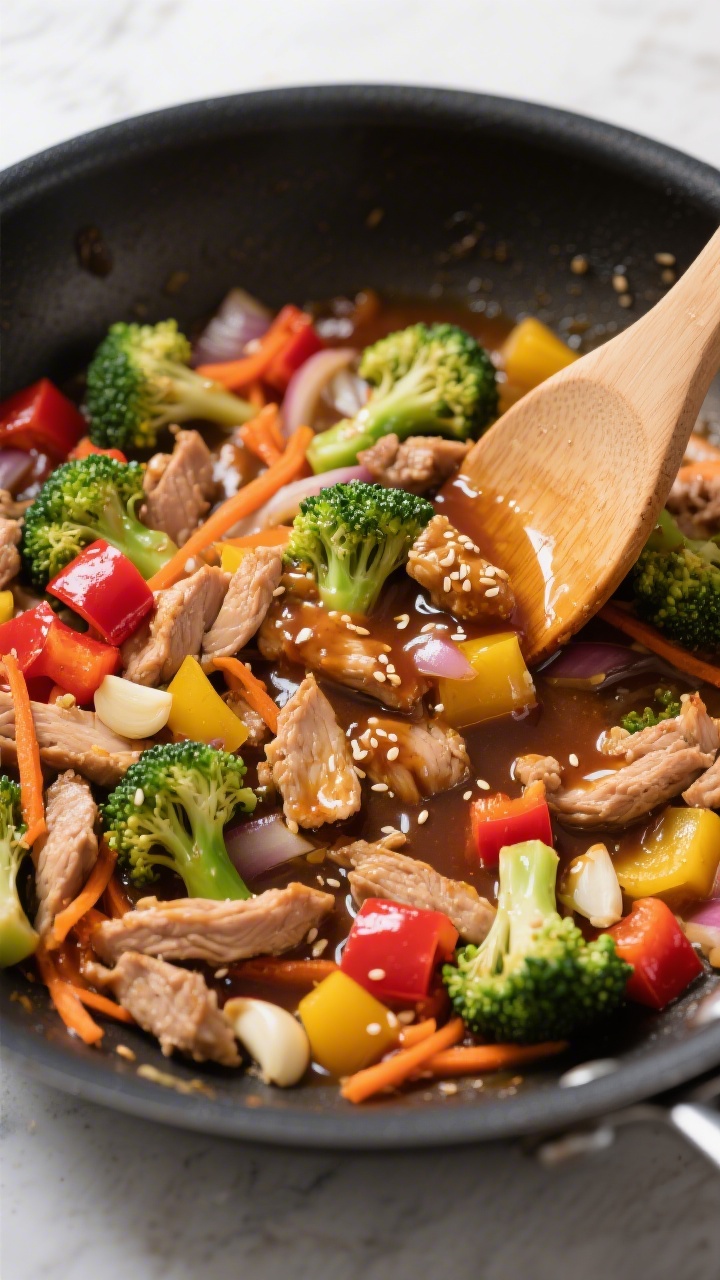 Cooking process: Overhead shot of the turkey-veggie mixture being tossed together in the skillet aft