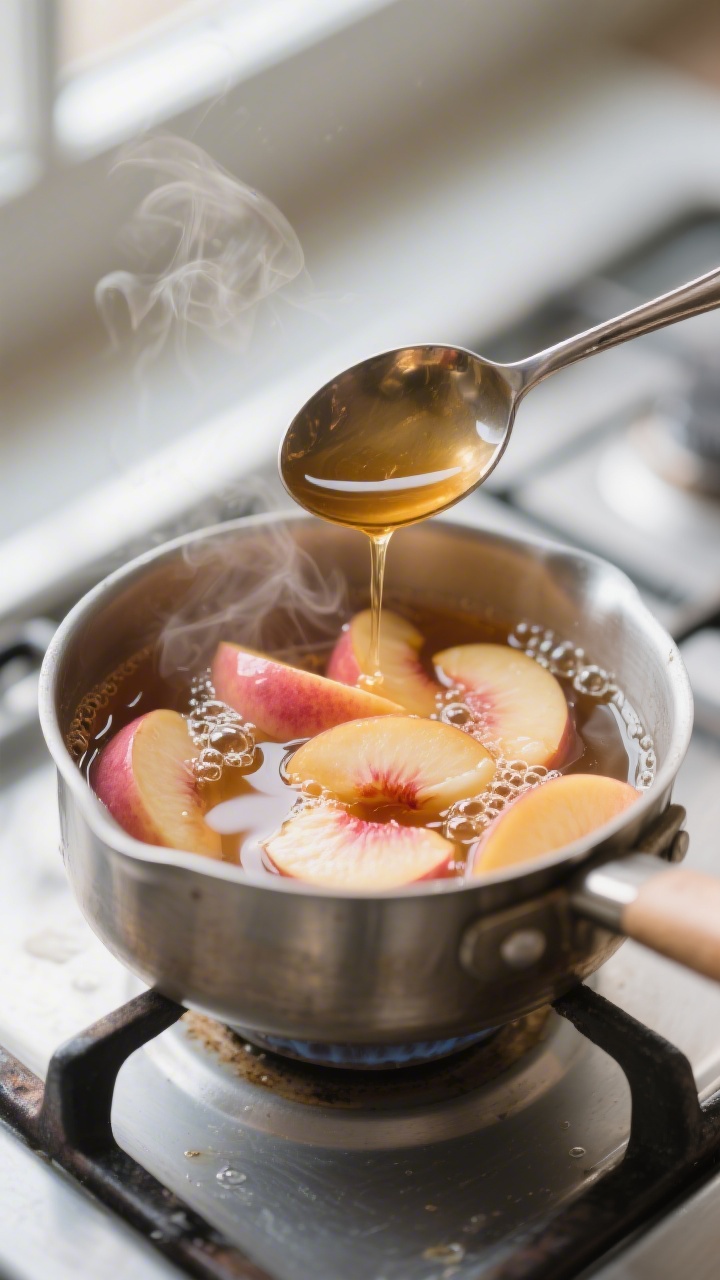 Cooking process — peach syrup simmer: Close-up of a small saucepan with tender, cooked peach slice