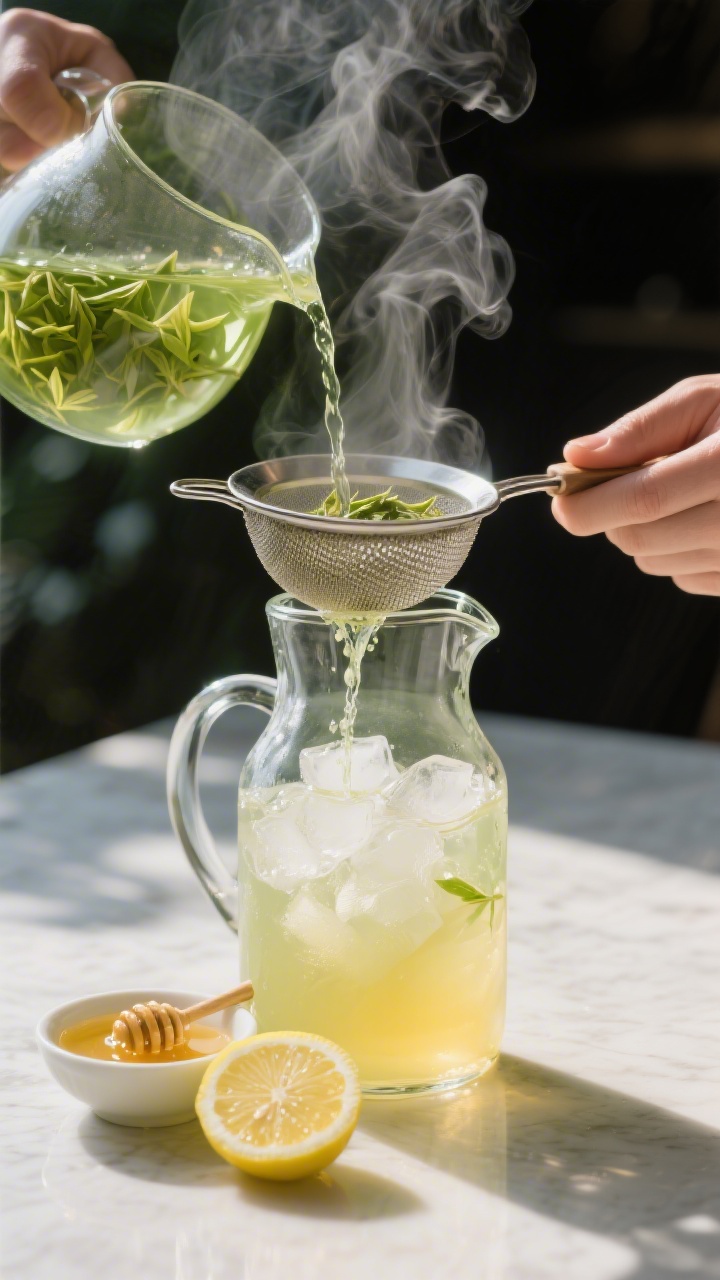 Cooking process: Quick hot-brew scene showing freshly steeped green tea being poured through a fine