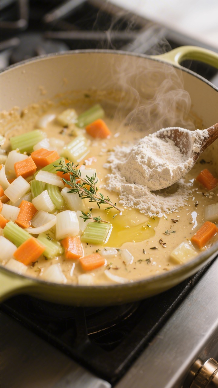 Cooking process — sauté stage: Close-up of softened, lightly golden diced onion, carrot, and cele
