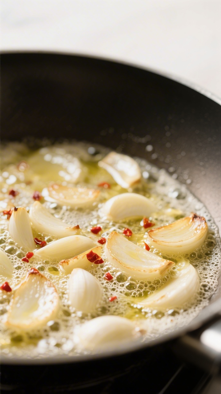 Cooking process — Sautéed garlic just turning pale gold in foamy butter and olive oil: close-up m