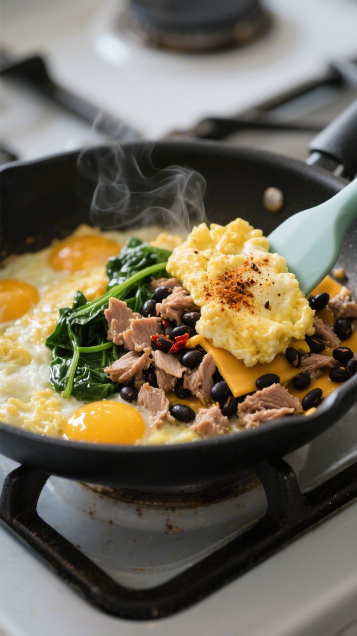 Cooking process: Scrambled eggs just set and glossy in a nonstick skillet, folded together with brow