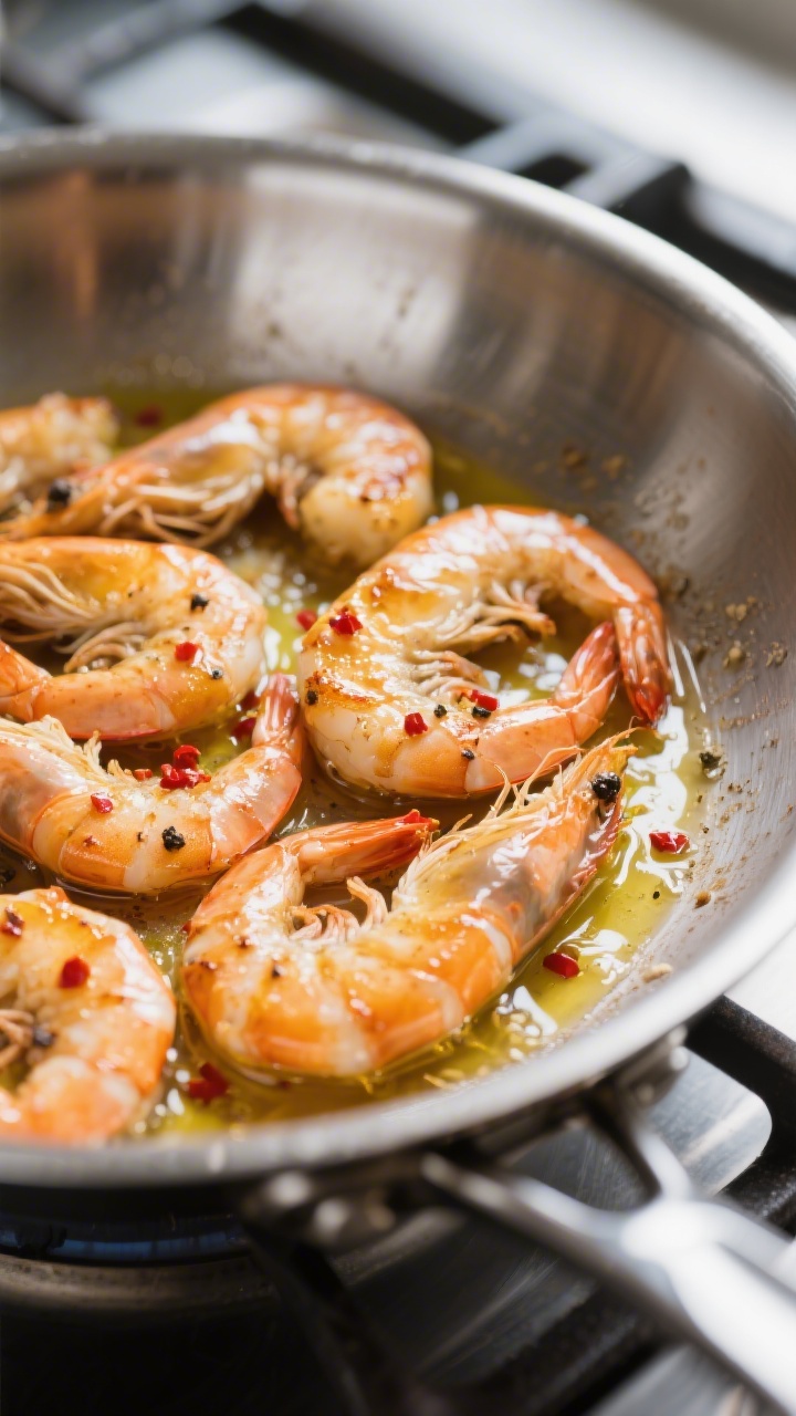 Cooking process: Searing large shrimp in a wide stainless-steel skillet, golden edges and just-opaqu