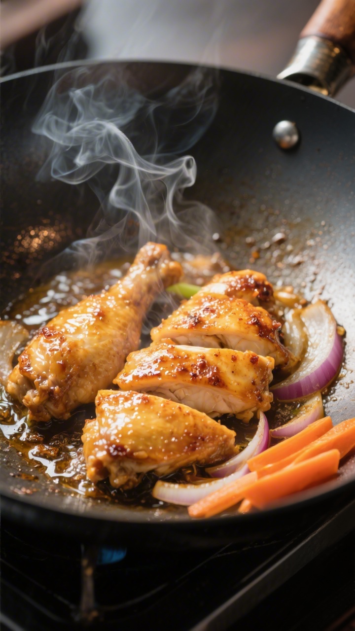 Cooking process: Searing marinated chicken in a blazing-hot wok, golden-browned edges with glossy sh