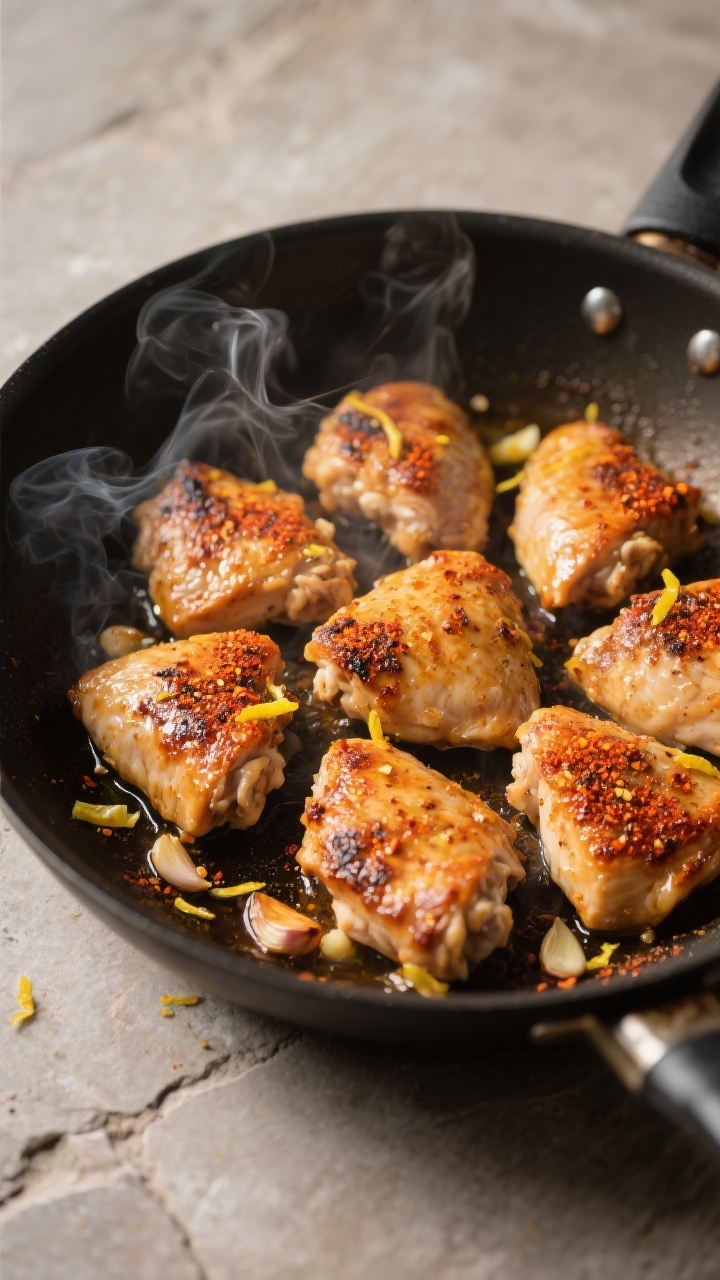 Cooking process — Searing marinated chicken: Medium-high heat skillet with bite-size chicken thigh
