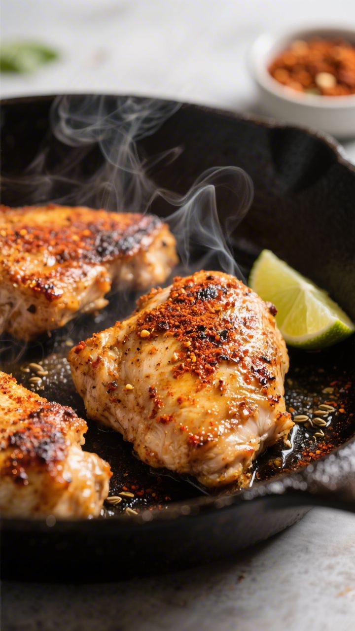 Cooking process: Searing spice-rubbed chicken thighs in a hot cast-iron skillet, golden-brown crust 