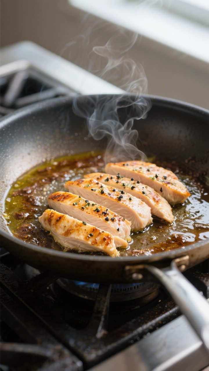 Cooking process: Searing thinly sliced chicken breasts in a large stainless skillet until golden wit