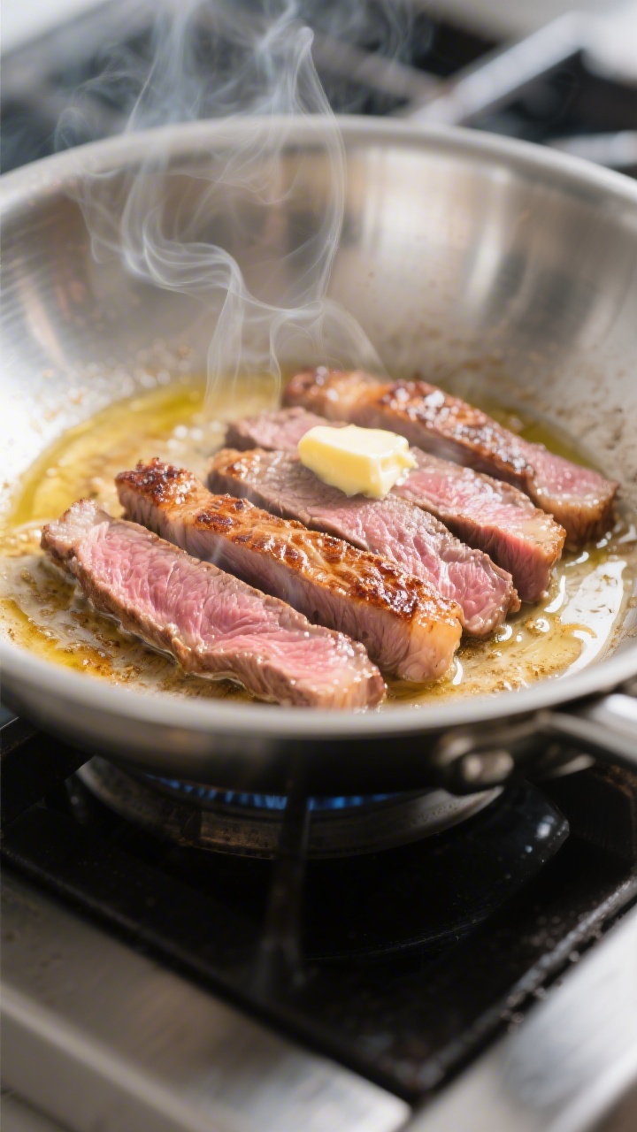 Cooking process: Searing thinly sliced sirloin for beef stroganoff in a wide stainless-steel skillet