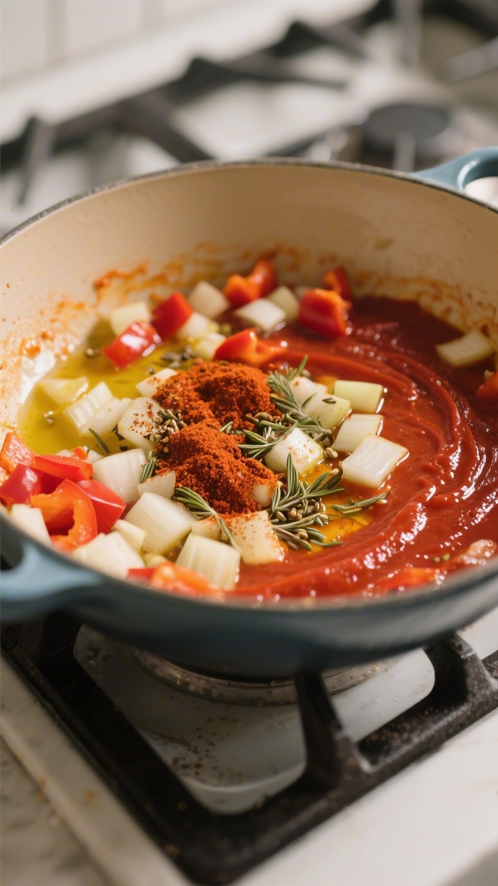 Cooking process shot: Aromatics and spices blooming in a Dutch oven—softened diced onion and red b
