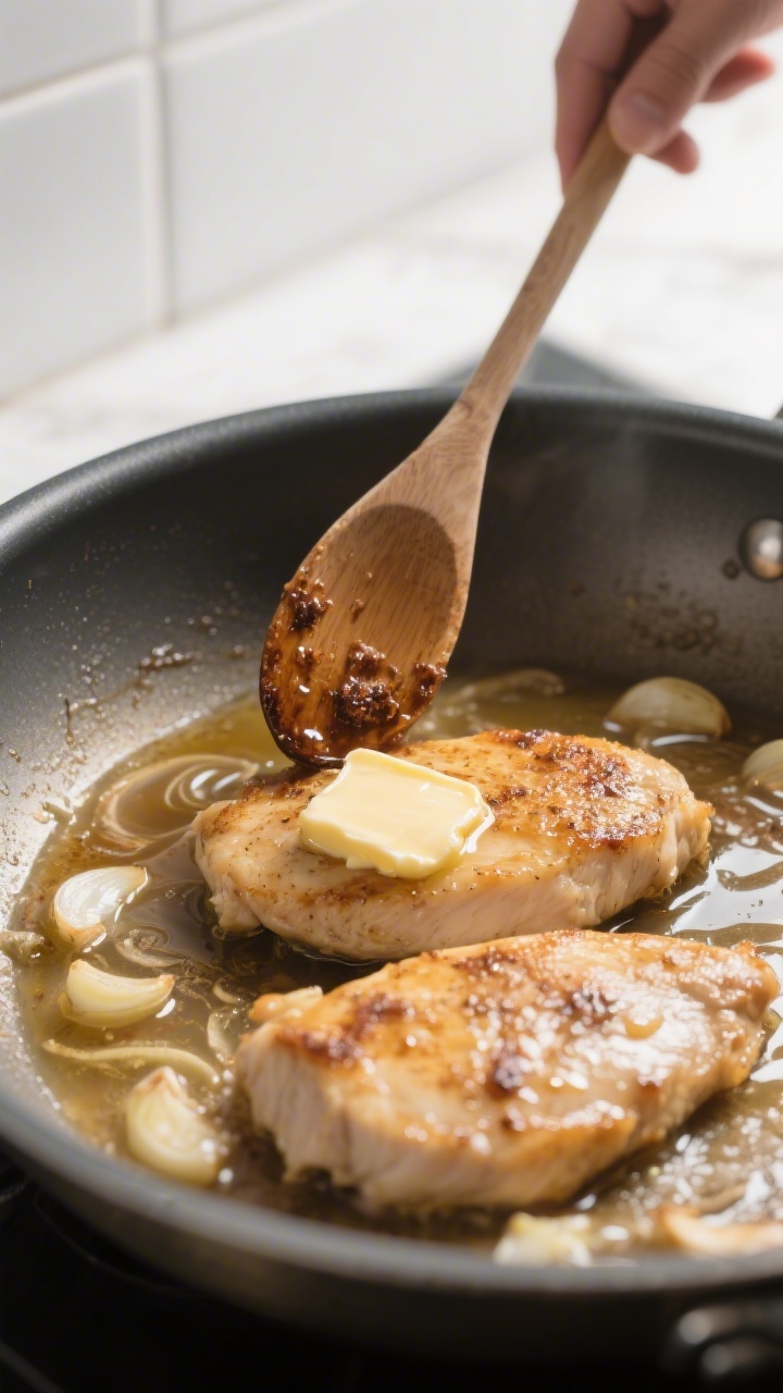 Cooking process shot: chicken cutlets just returned to the pan, sauce finishing and emulsifying with