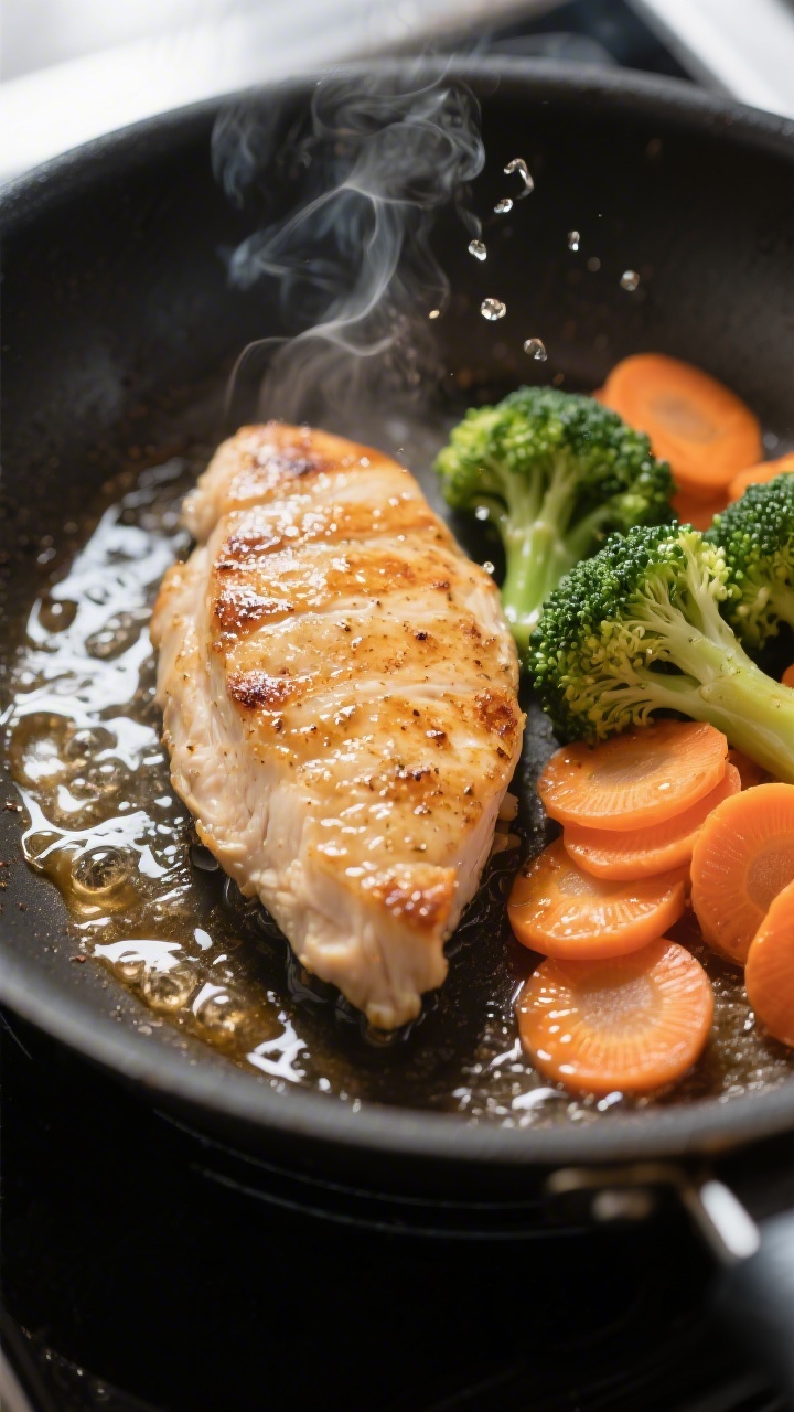 Cooking process shot: chicken seared to light golden-brown edges in a wide skillet, pushed to one si