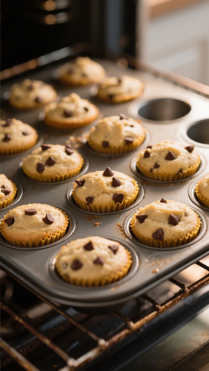 Cooking process shot: mini muffin pan filled 3/4 full with batter already studded with mini chocolat