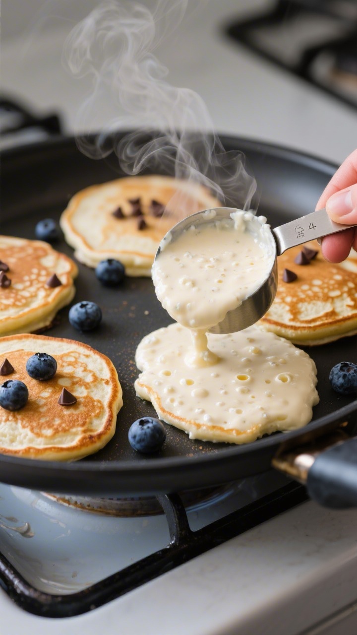 Cooking process shot of cottage cheese pancake batter portioned with a 1/4-cup measure onto a prehea