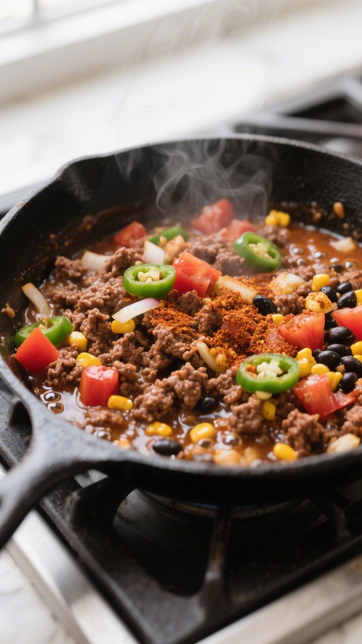Cooking process: Sizzling taco skillet mid-cook, overhead shot of browned, craggy ground beef with s