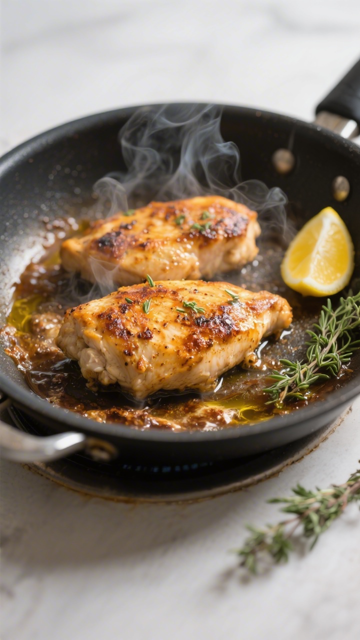 Cooking process: Skillet shot of marinated chicken searing over medium-high heat, golden-brown crust