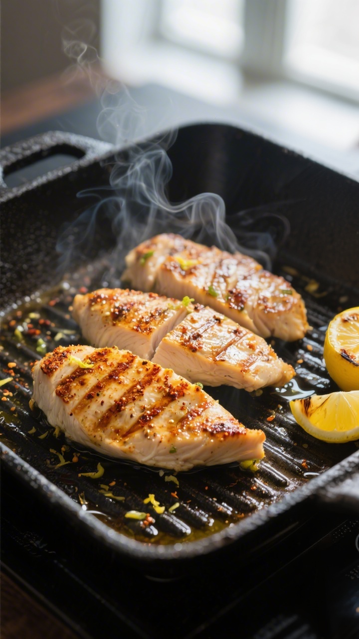 Cooking process: Sliced, marinated Mediterranean chicken breast sizzling on a preheated grill pan, g