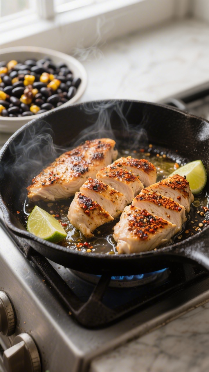 Cooking process: Sliced, well-seasoned chicken breasts sizzling in a cast-iron skillet over medium-h