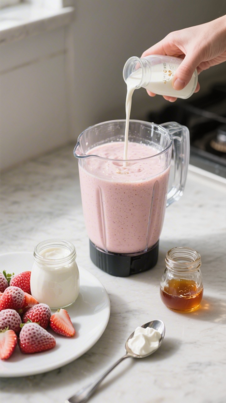 Cooking process: Smoothie being adjusted for thickness—thick pale-pink blend in the blender, a mea