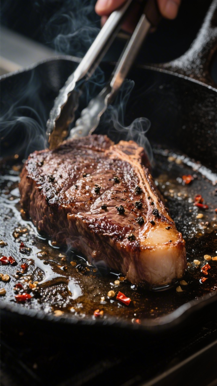 Cooking process: Steak searing in a screaming-hot cast-iron skillet, surface sizzling with micro-bea