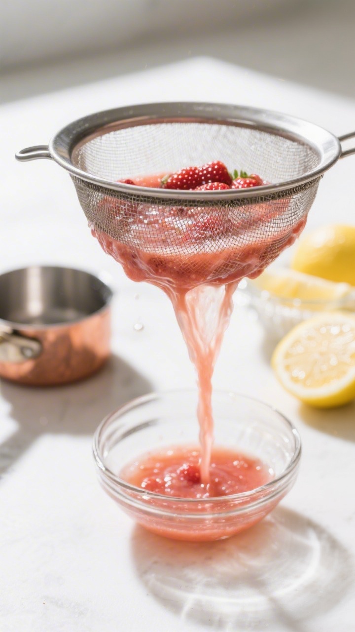 Cooking process: Strained strawberry puree being poured through a fine mesh sieve into a clear bowl,