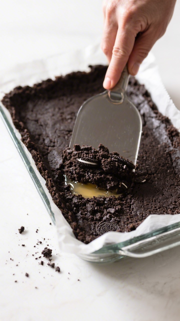 Cooking process: The Oreo crust being firmly packed into a parchment-lined 9x13 dish using the flat