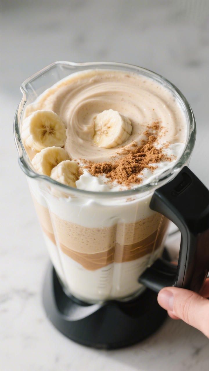 Cooking process: The smoothie mid-blend in a high-speed blender, showing distinct layers transitioni