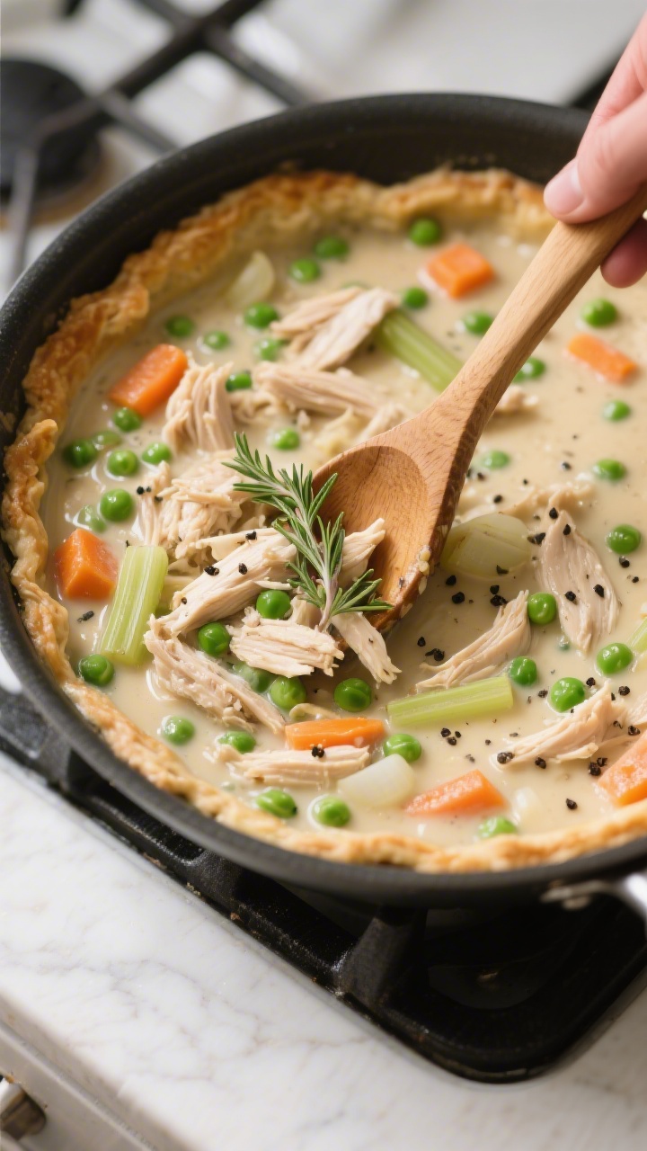 Cooking process: Thick, creamy chicken pot pie filling simmering in a wide skillet—tender shredded
