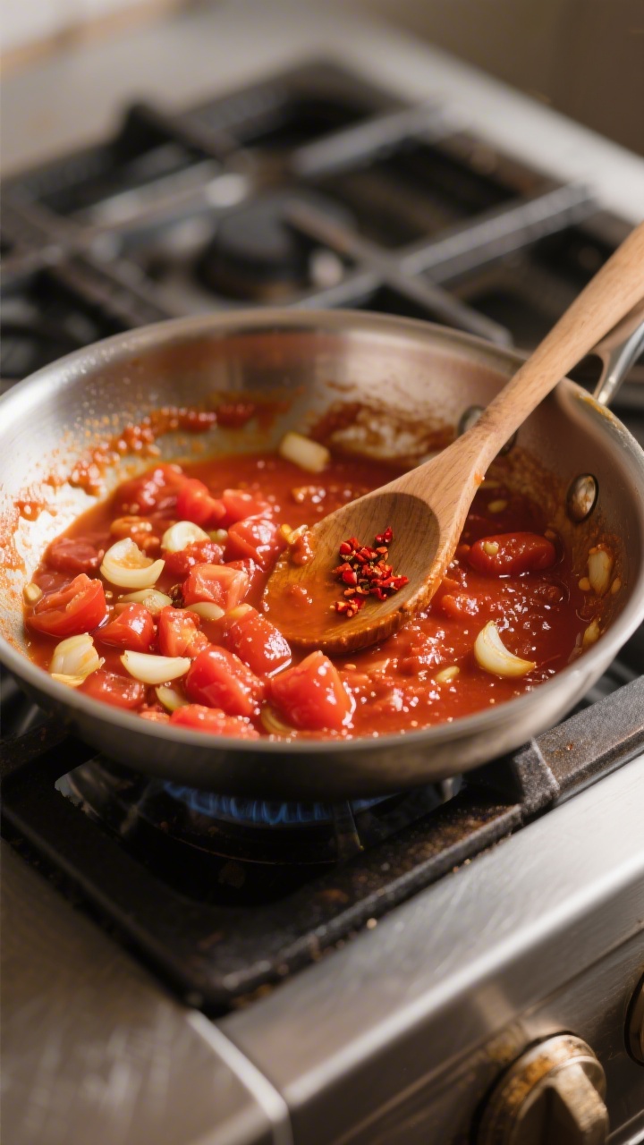 Cooking process: Tomato base building in a wide stainless skillet—shallots and garlic softened, to