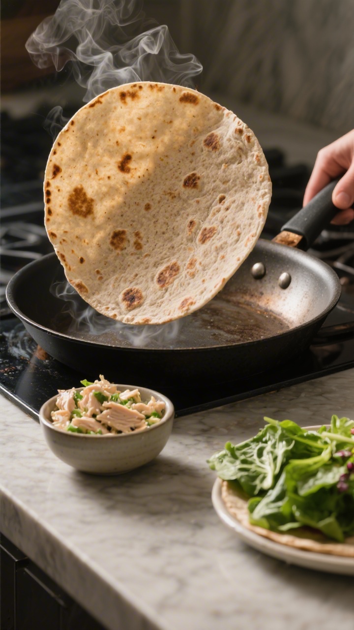 Cooking process: Warm whole-grain tortilla in a dry skillet, captured mid-flip with steam and light 