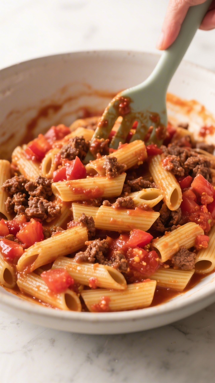Cooking process: Ziti and beef sauce being combined in a large bowl—every tube coated in rich mari