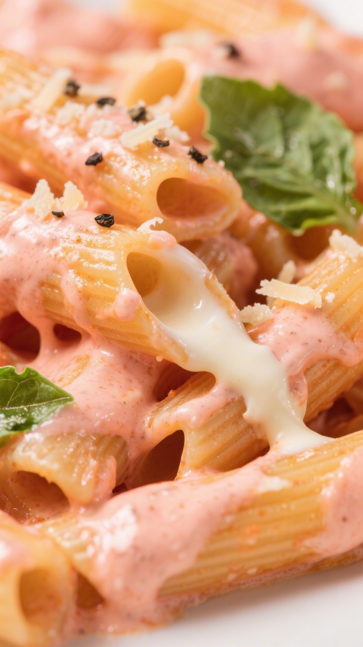 Creamy, cheesy finish: Tight macro shot of the pasta at the end stage—al dente tubes coated in a s