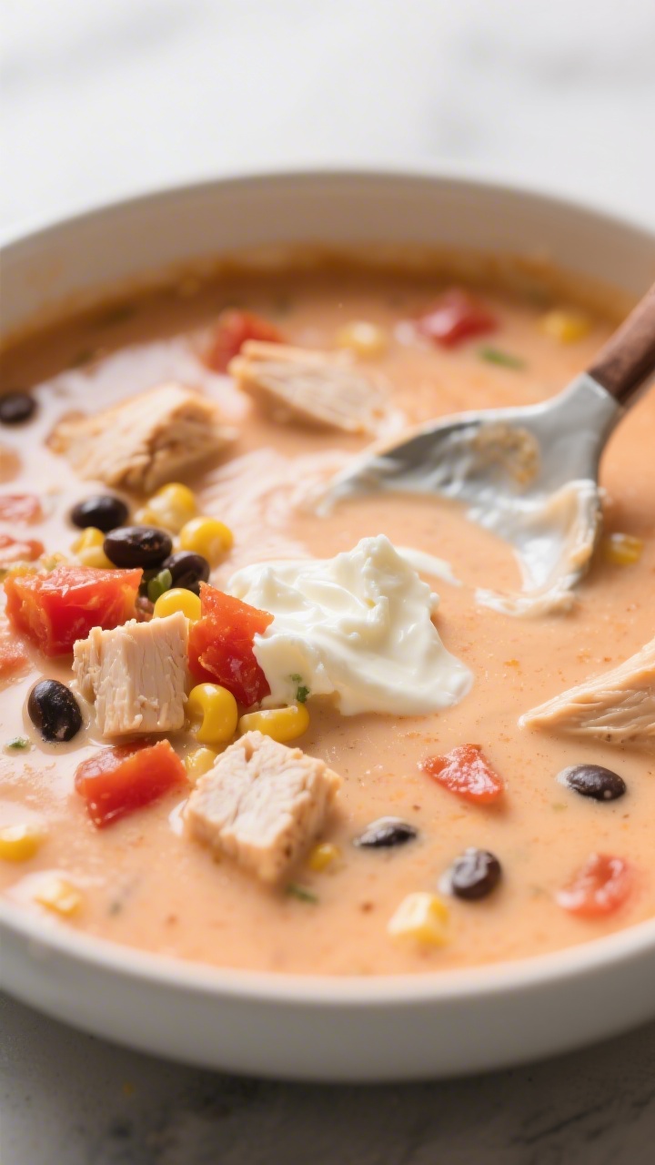 Creamy finish — velvety broth moment: Close-up detail of the soup right after the cream cheese has