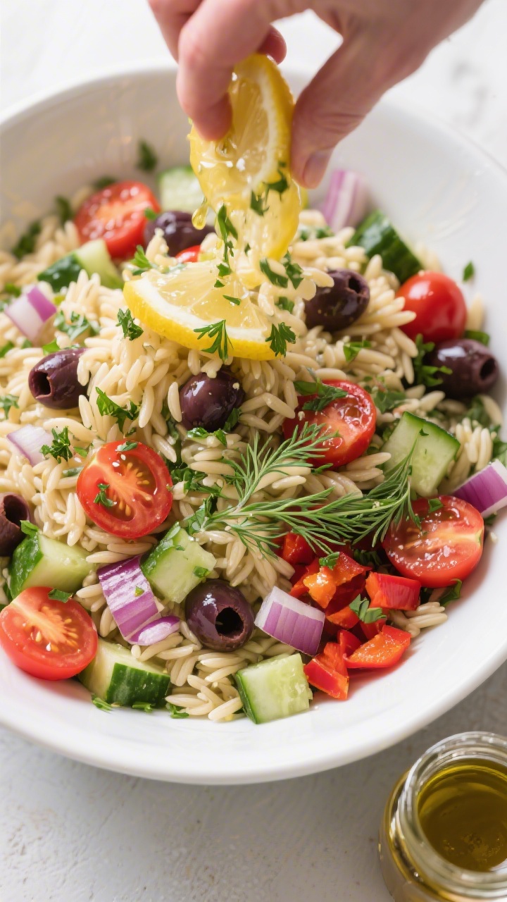 Dressing action — Overhead shot of the assembled salad mid-toss in a wide white mixing bowl: coole
