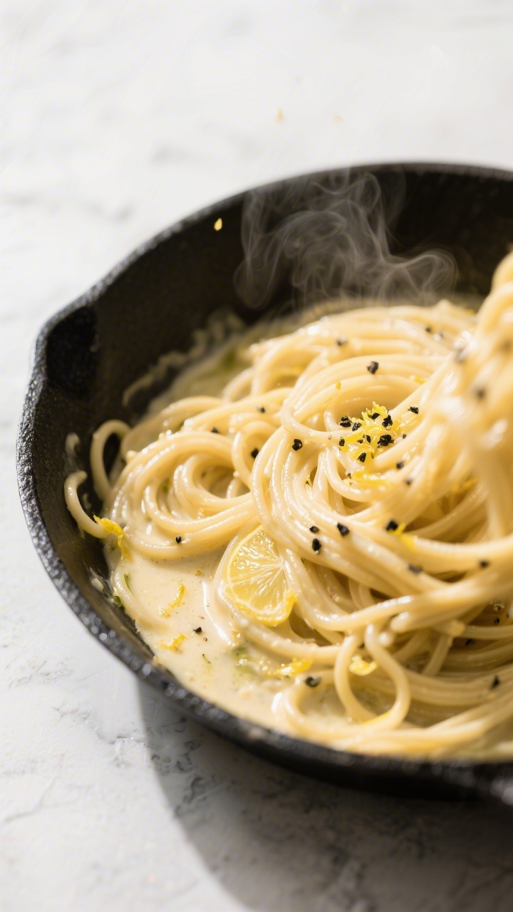 Emulsion action — Silky garlic-butter sauce coating al dente spaghetti in the pan: overhead shot o