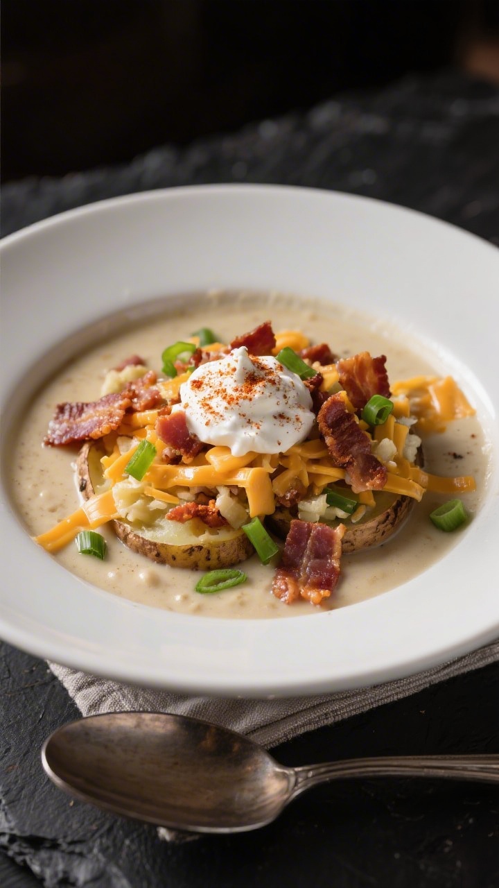 Final bowl — loaded toppings: Beautifully plated bowl of Loaded Baked Potato Soup, silky and rich,