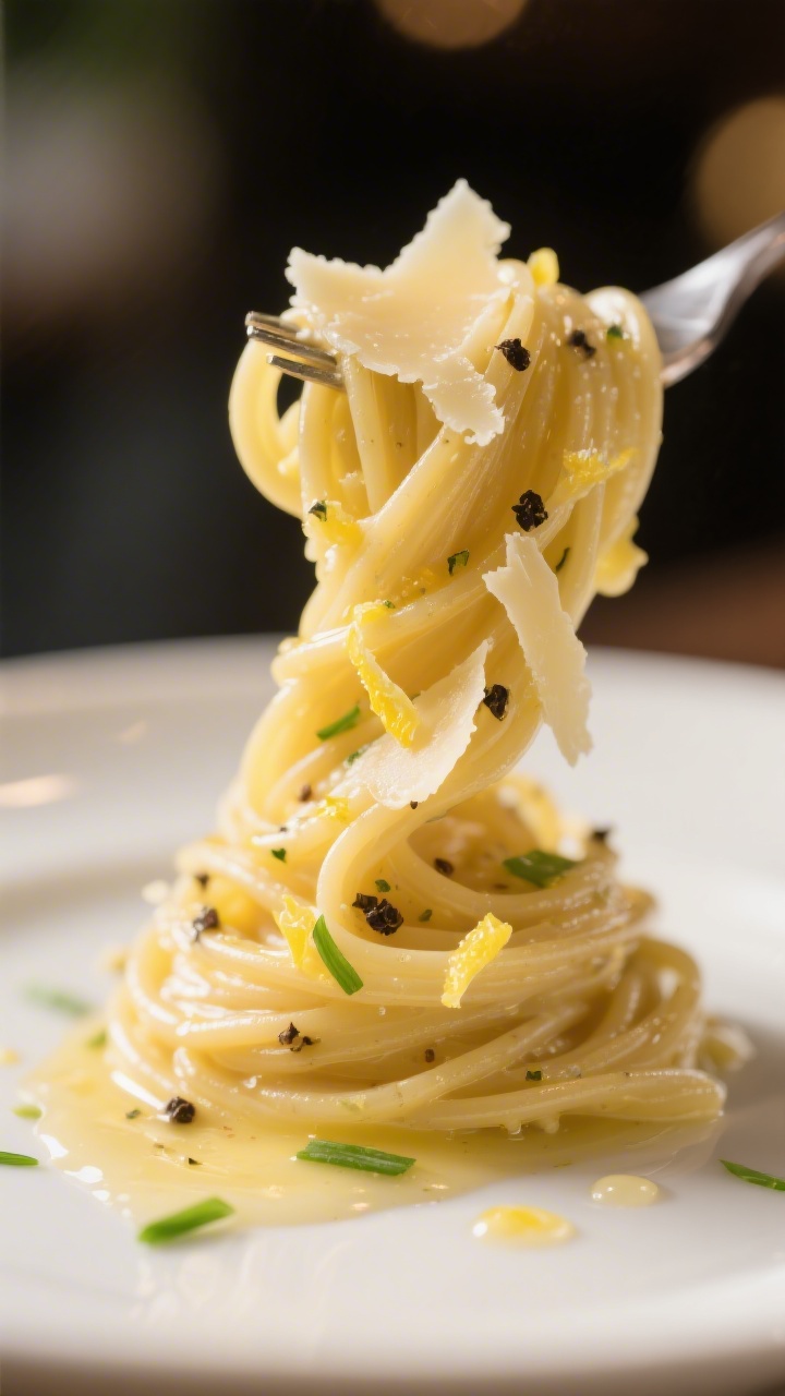 Final dish, close-up beauty: Extreme close-up of a single twirl of linguine lifted on the plate, sho