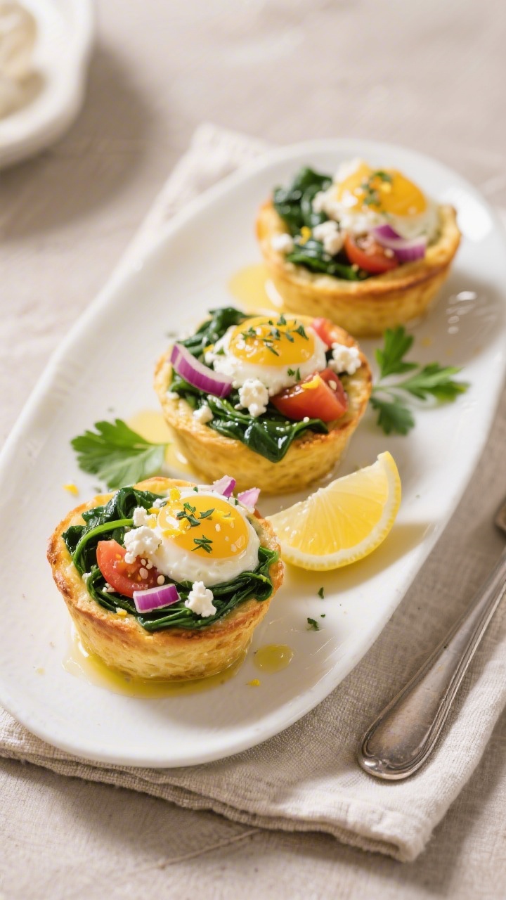 Final dish, plated: Restaurant-quality presentation of three golden egg muffins (Greek Style variati