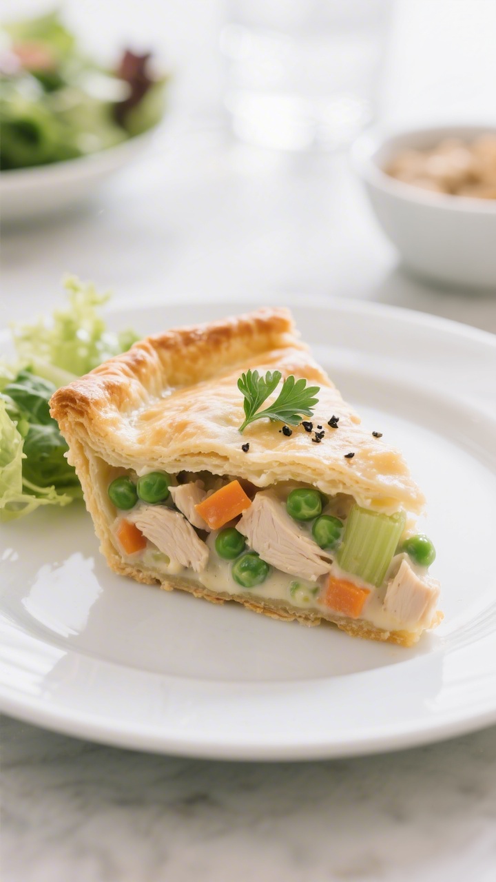 Final dish presentation: A clean slice of chicken pot pie plated on a simple white dinner plate, fil