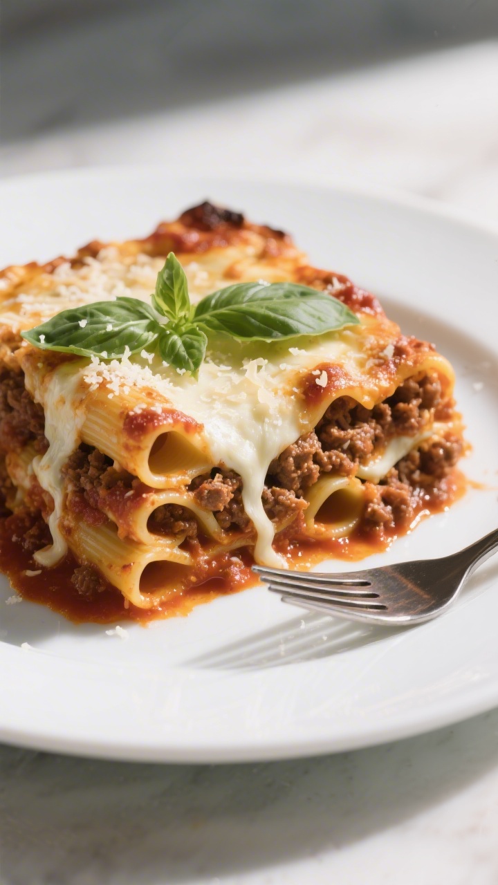 Final dish presentation: A generous plated serving of baked ziti on a white ceramic plate, clean sli