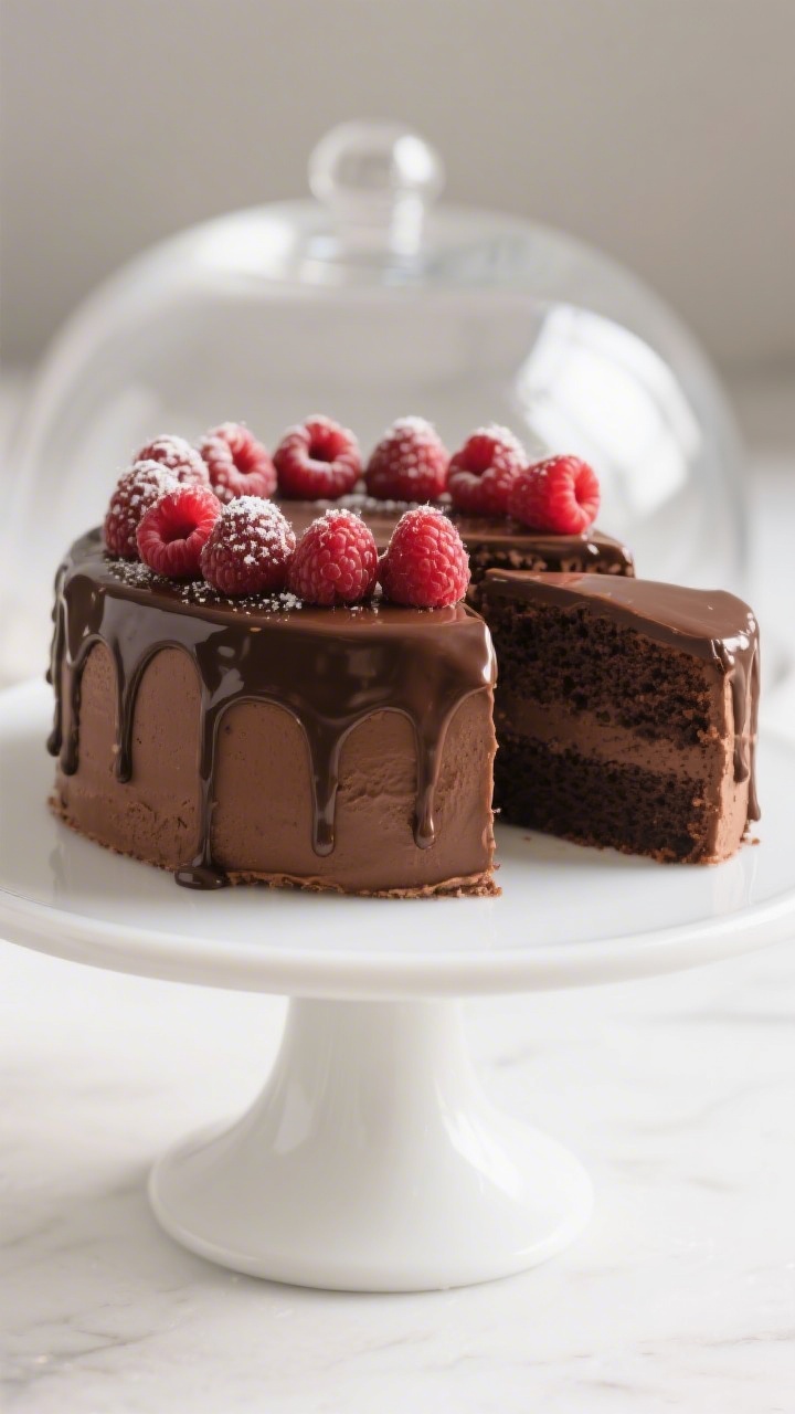 Final dish presentation: A single-layer chocolate cake finished with a silky chocolate ganache drip,