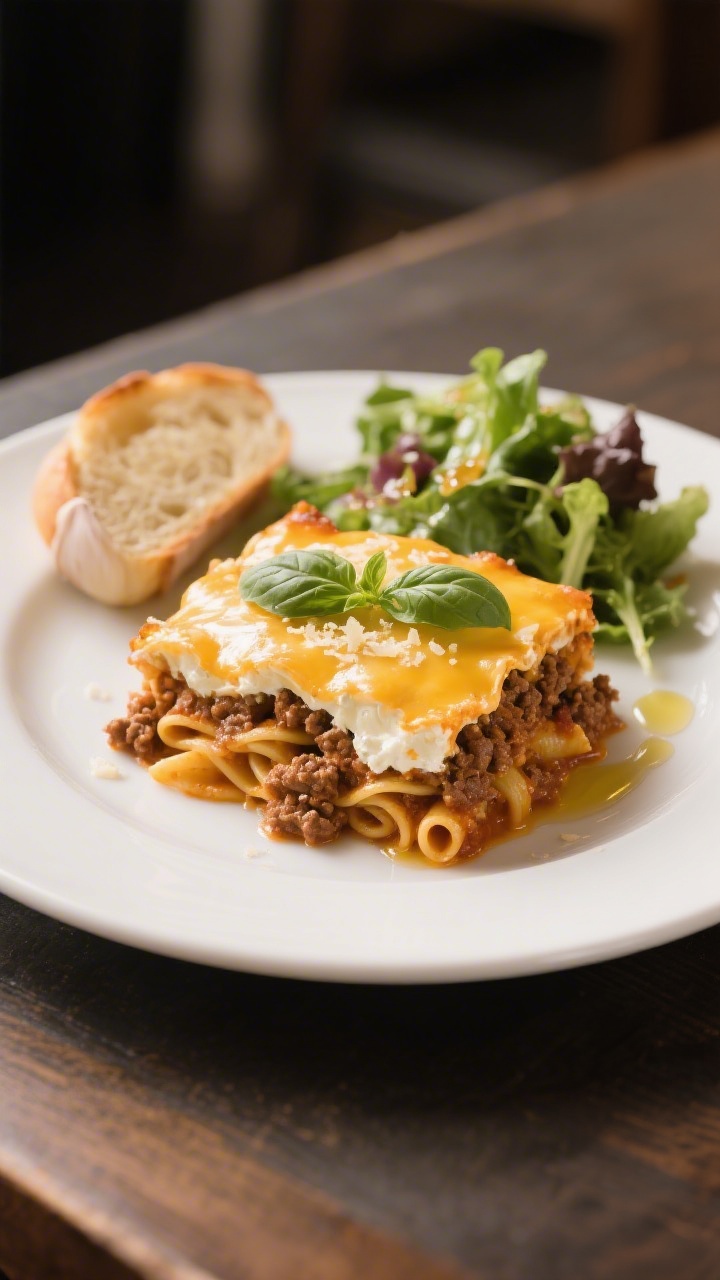 Final dish presentation: A single plated serving of the cheesy ground beef pasta bake on a wide whit