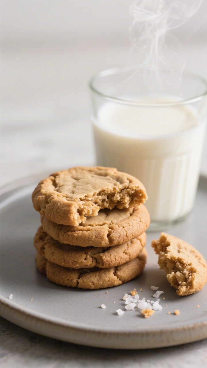 Final dish presentation: A small stack of thick, soft peanut butter cookies on a matte ceramic plate